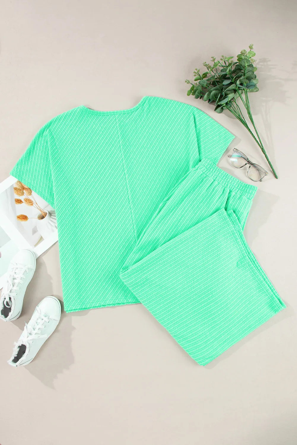 Plus Size Round Neck Half Sleeve Top and Tied Pants Set - UrbanEthereal