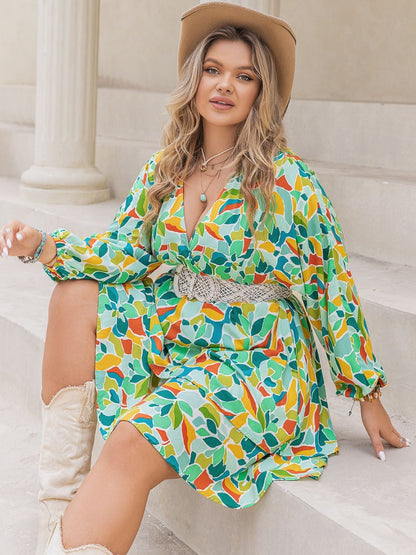 Plus Size Printed Surplice Long Sleeve Mini Dress - UrbanEthereal