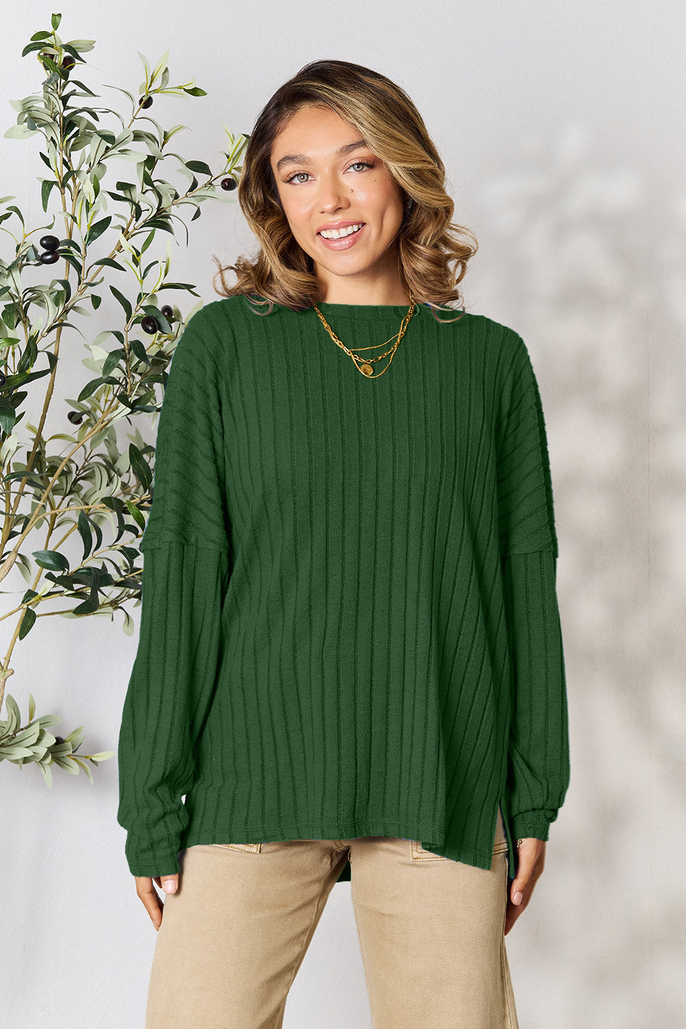 Basic Bae Full Size Ribbed Round Neck Slit Knit Top - UrbanEthereal