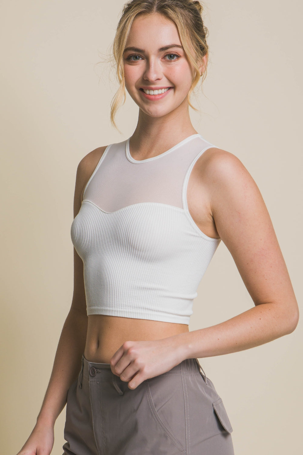 Love Tree Round Neck Ribbed Cropped Mesh Tank - UrbanEthereal