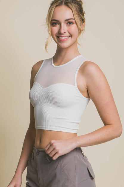 Love Tree Round Neck Ribbed Cropped Mesh Tank - UrbanEthereal