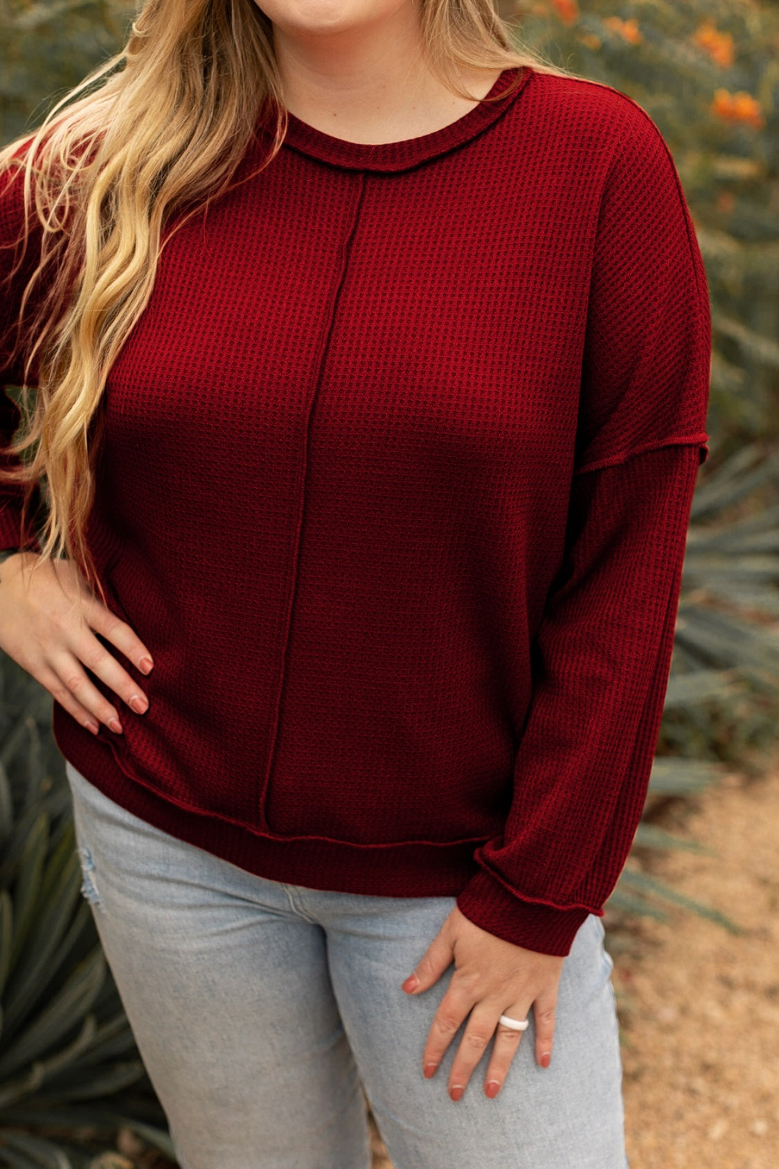 Plus Size Exposed Seam Waffle-Knit High-Low Sweatshirt - UrbanEthereal