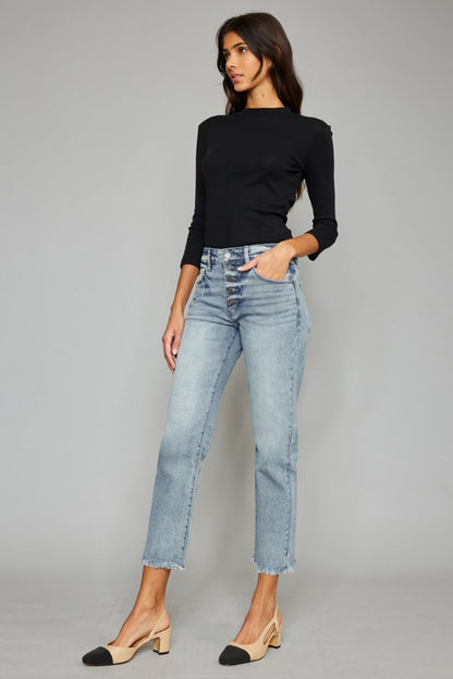Kancan High Waist Button Fly Raw Hem Cropped Straight Jeans - UrbanEthereal