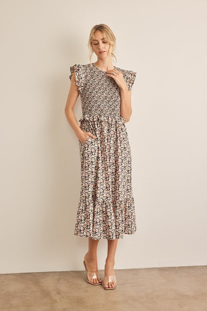 In February Floral Smocked Ruffled Midi Dress - UrbanEthereal