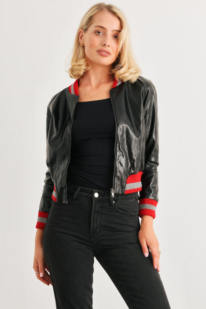 Comme PU Leather Baseball Collar Long Sleeve Jacket - UrbanEthereal