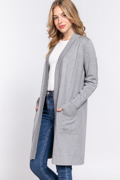 ACTIVE BASIC Open Front Rib Trim Long Sleeve Knit Cardigan - UrbanEthereal