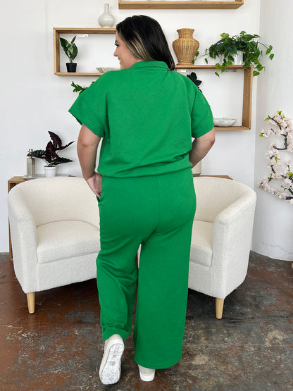 Double Take Full Size Texture Half Zip Short Sleeve Top and Pants Set - UrbanEthereal