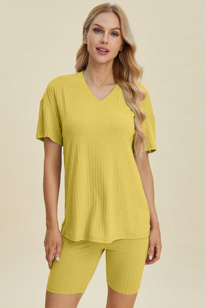 Basic Bae Full Size Ribbed V-Neck Short Sleeve Top and Shorts Set - UrbanEthereal
