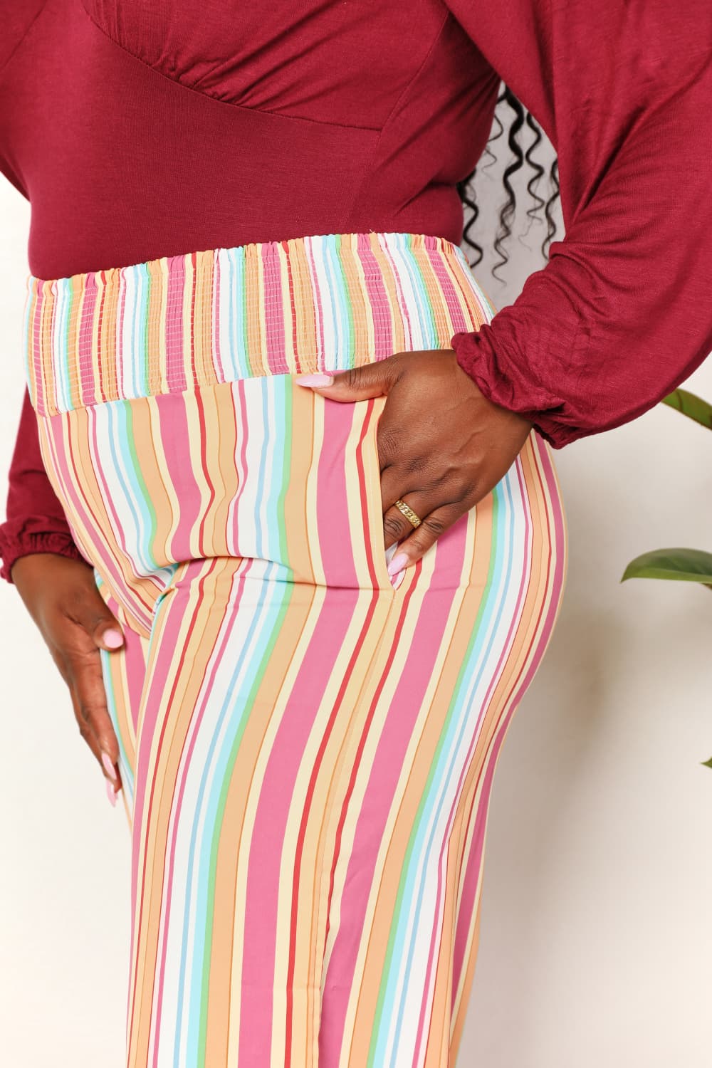 Double Take Striped Smocked Waist Pants with Pockets - UrbanEthereal