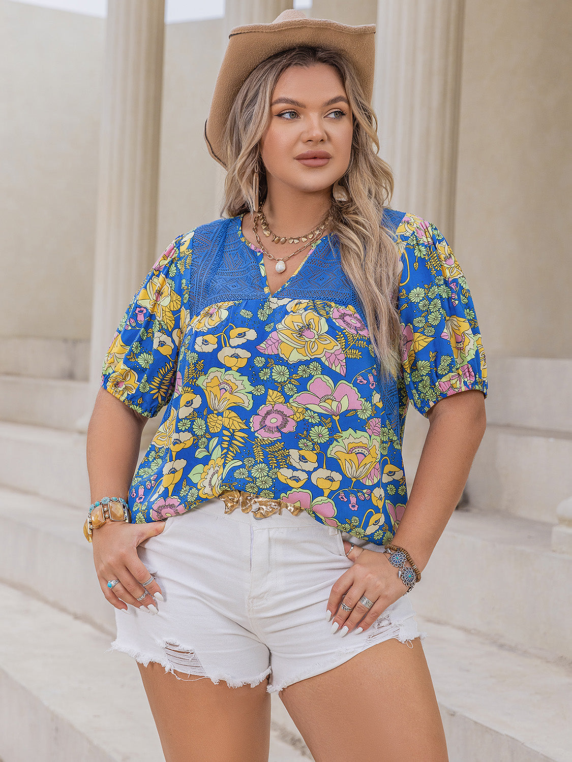 Plus Size Printed Notched Short Sleeve Blouse - UrbanEthereal