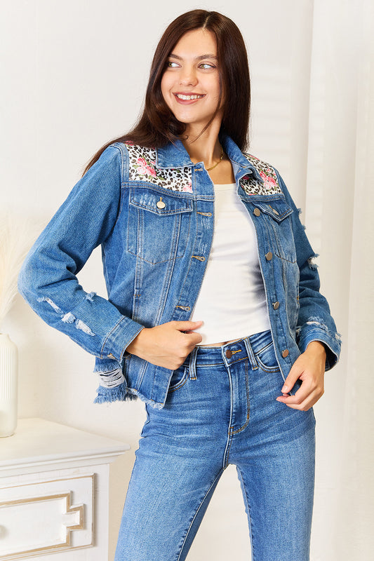 Baeful Leopard Floral Distressed Raw Hem Denim Jacket - UrbanEthereal