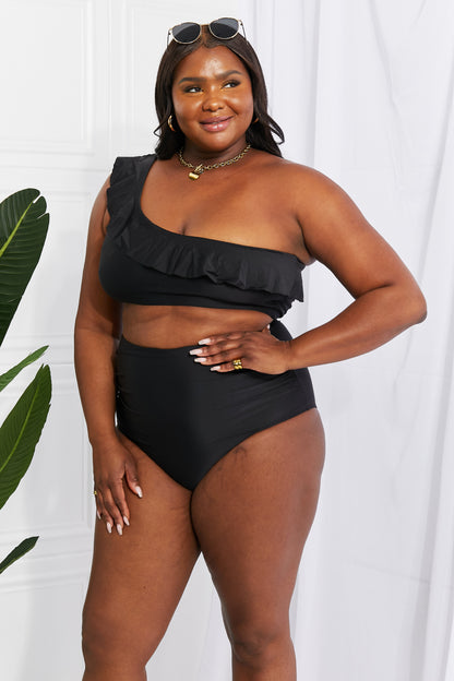 Marina West Swim Seaside Romance Ruffle One-Shoulder Bikini in Black - UrbanEthereal