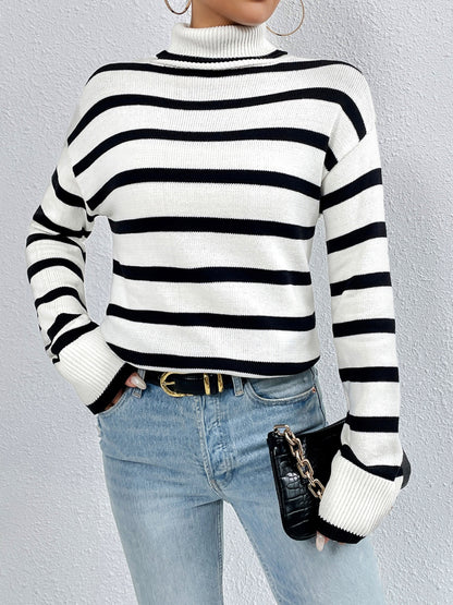 Striped Turtleneck Drop Shoulder Sweater