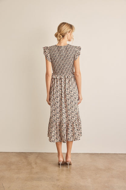 In February Floral Smocked Ruffled Midi Dress - UrbanEthereal
