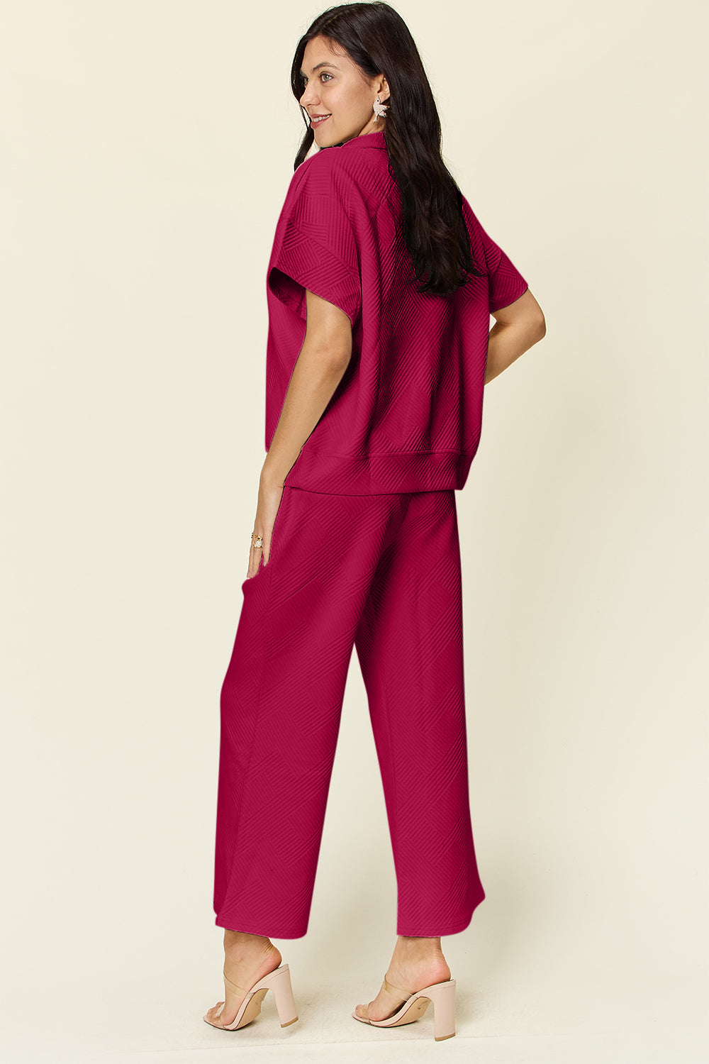 Double Take Full Size Texture Half Zip Short Sleeve Top and Pants Set - UrbanEthereal