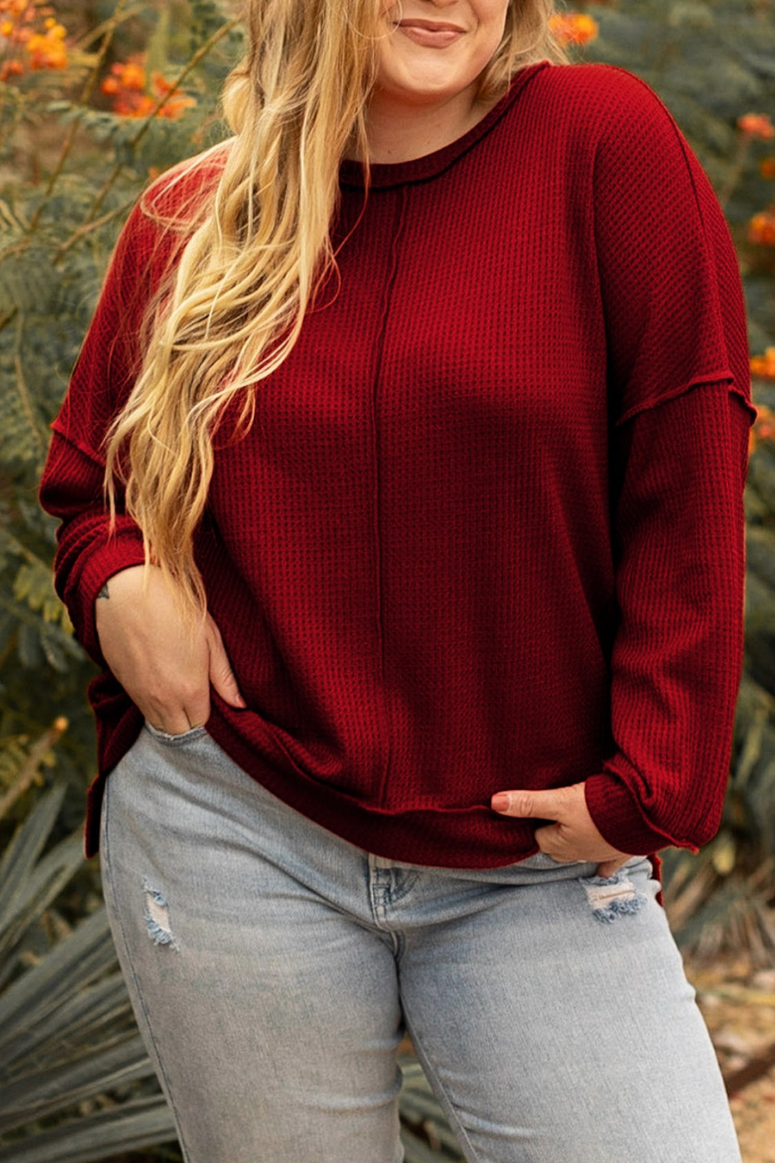Plus Size Exposed Seam Waffle-Knit High-Low Sweatshirt - UrbanEthereal