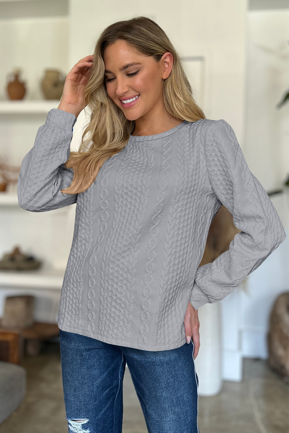 FAM-FAM Textured Round Neck Long Sleeve Sweatshirt