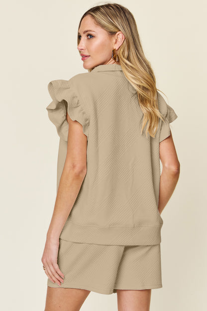 Double Take Full Size Texture Flounce Sleeve Top and Drawstring Shorts Set - UrbanEthereal
