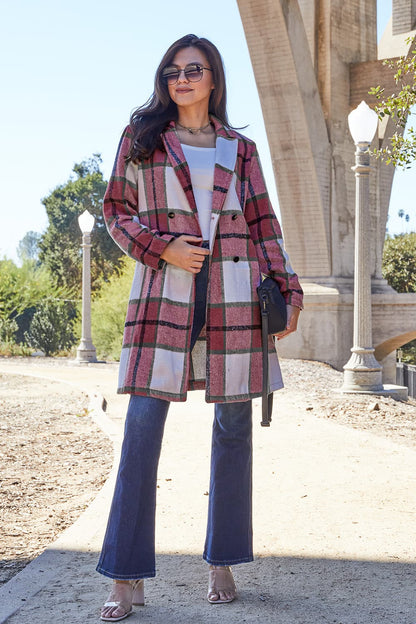 Double Take Full Size Plaid Button Up Lapel Collar Coat - UrbanEthereal