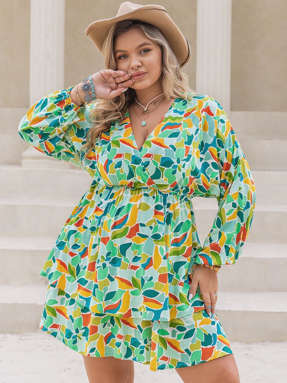 Plus Size Printed Surplice Long Sleeve Mini Dress - UrbanEthereal