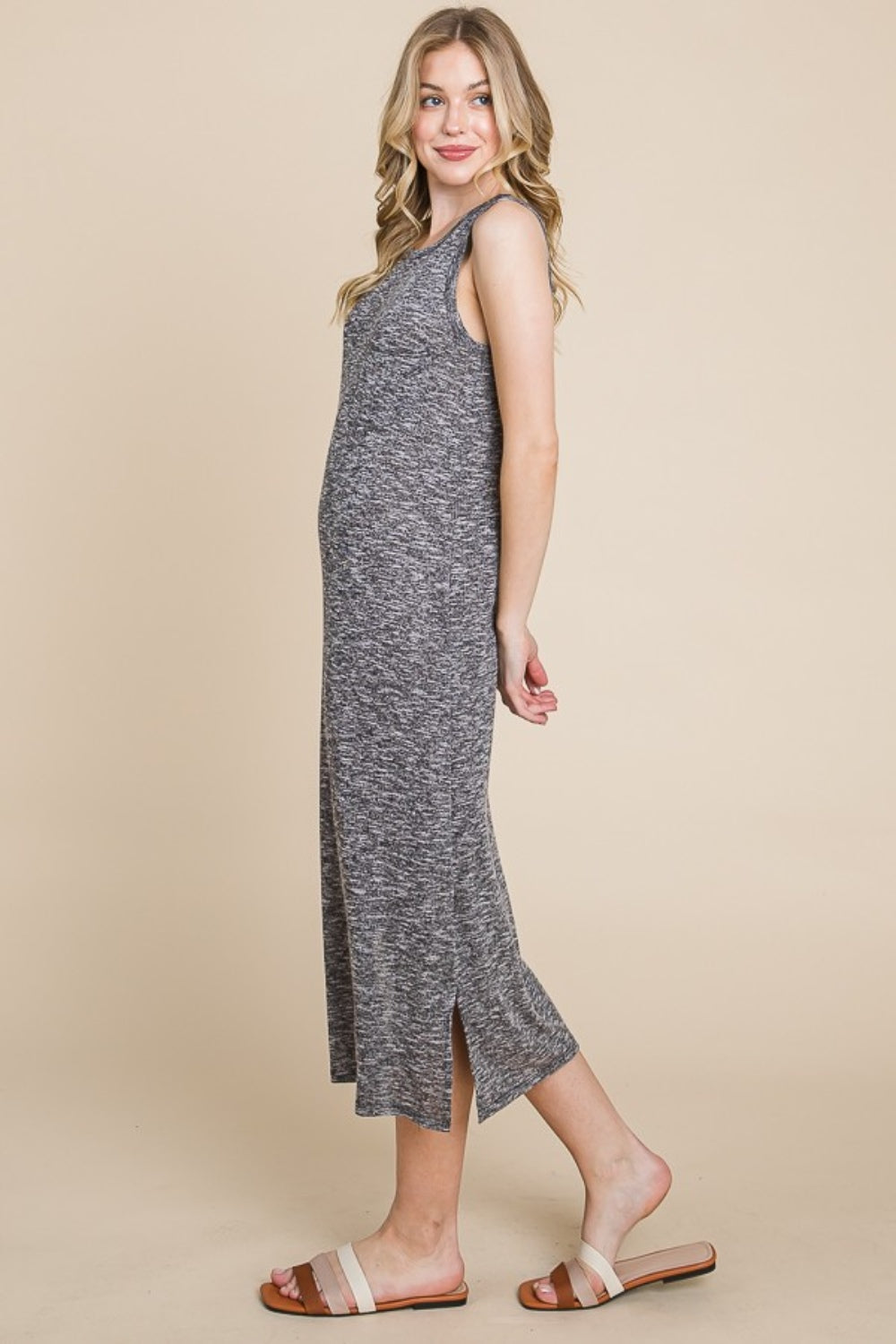 BOMBOM Round Neck Slit Midi Tank Dress - UrbanEthereal