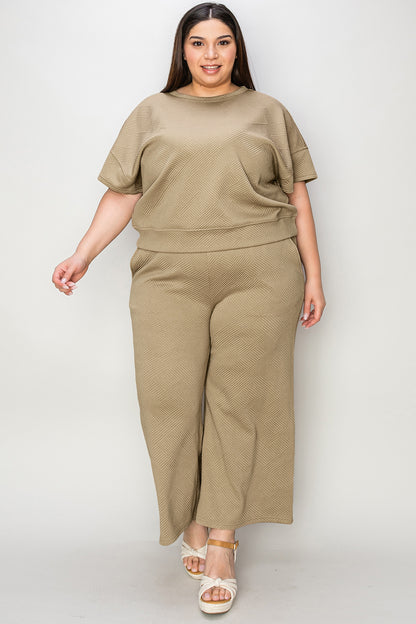 Double Take Full Size Texture Short Sleeve Top and Pants Set - UrbanEthereal