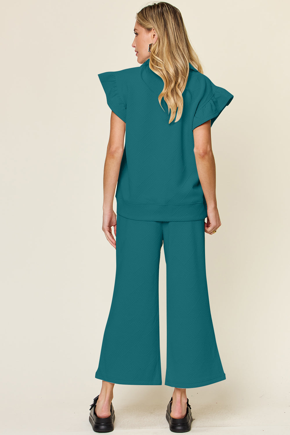 Double Take Texture Ruffle Short Sleeve Top and Drawstring Wide Leg Pants Set - UrbanEthereal