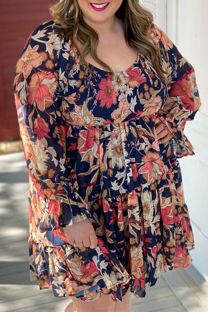 Plus Size Smocked Printed Long Sleeve Dress - UrbanEthereal