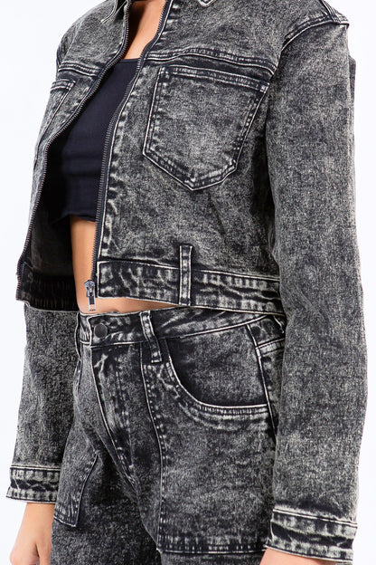 American Bazi Overdyed Bleached Zip Up Cropped Jacket - UrbanEthereal