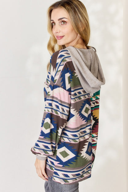 Celeste Full Size Geometric Exposed Seam Drawstring Hoodie - UrbanEthereal