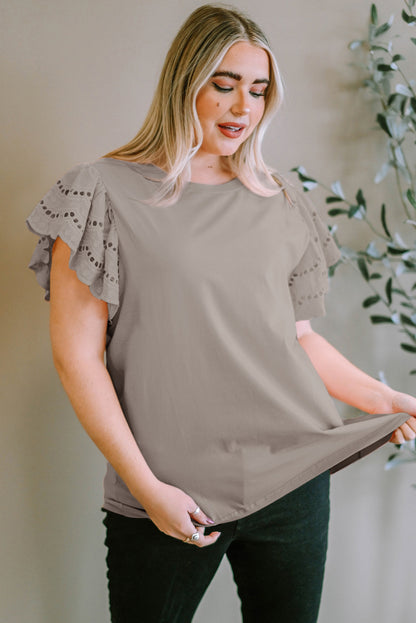 Plus Size Eyelet Round Neck Short Sleeve Blouse - UrbanEthereal