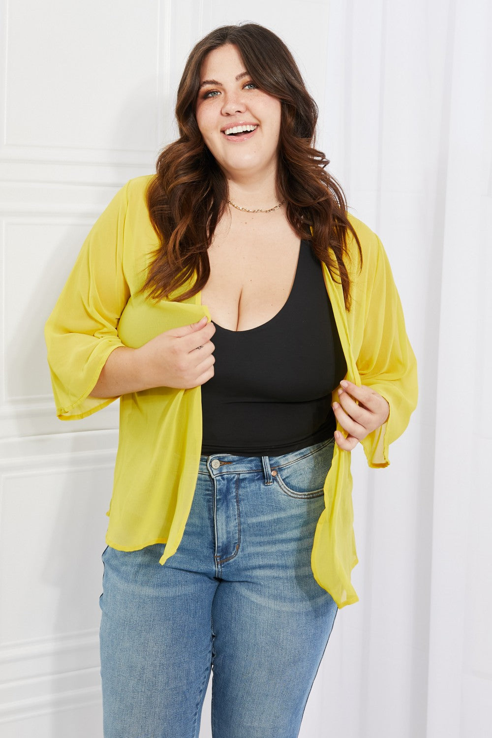 Melody Just Breathe Full Size Chiffon Kimono in Yellow - UrbanEthereal