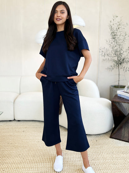 Double Take Full Size Texture Short Sleeve Top and Pants Set - UrbanEthereal