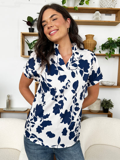 Flower Notched Short Sleeve Blouse - UrbanEthereal