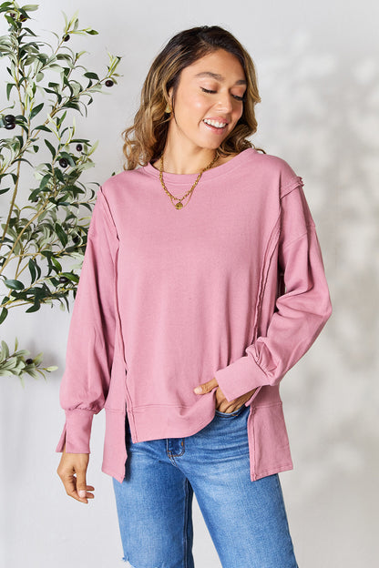 Culture Code Full Size Round Neck Exposed Seam Slit Top - UrbanEthereal