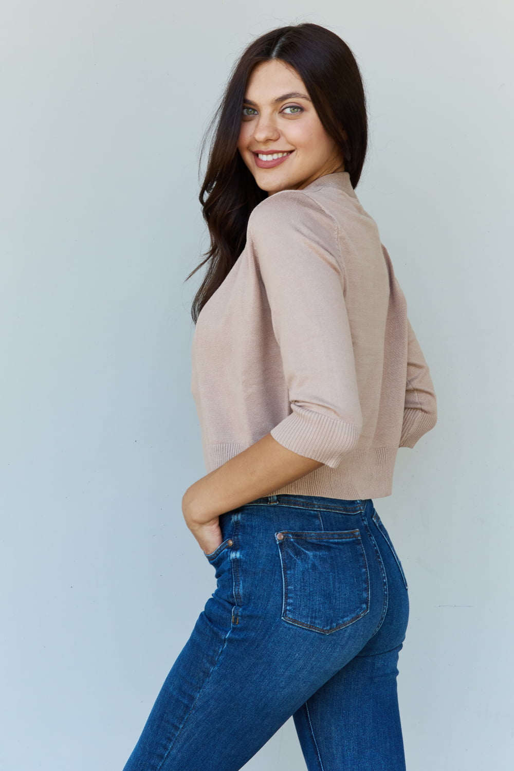 Doublju My Favorite Full Size 3/4 Sleeve Cropped Cardigan in Khaki - UrbanEthereal