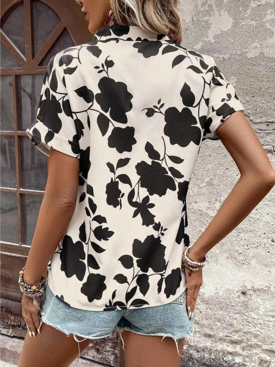 Flower Notched Short Sleeve Blouse - UrbanEthereal