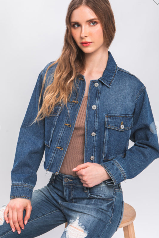 Love Tree Raw Hem Button Up Cropped Denim Jacket - UrbanEthereal