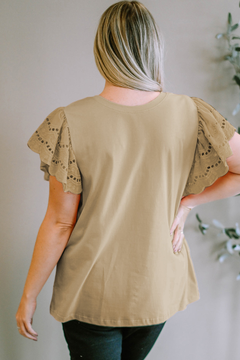 Plus Size Eyelet Round Neck Short Sleeve Blouse - UrbanEthereal