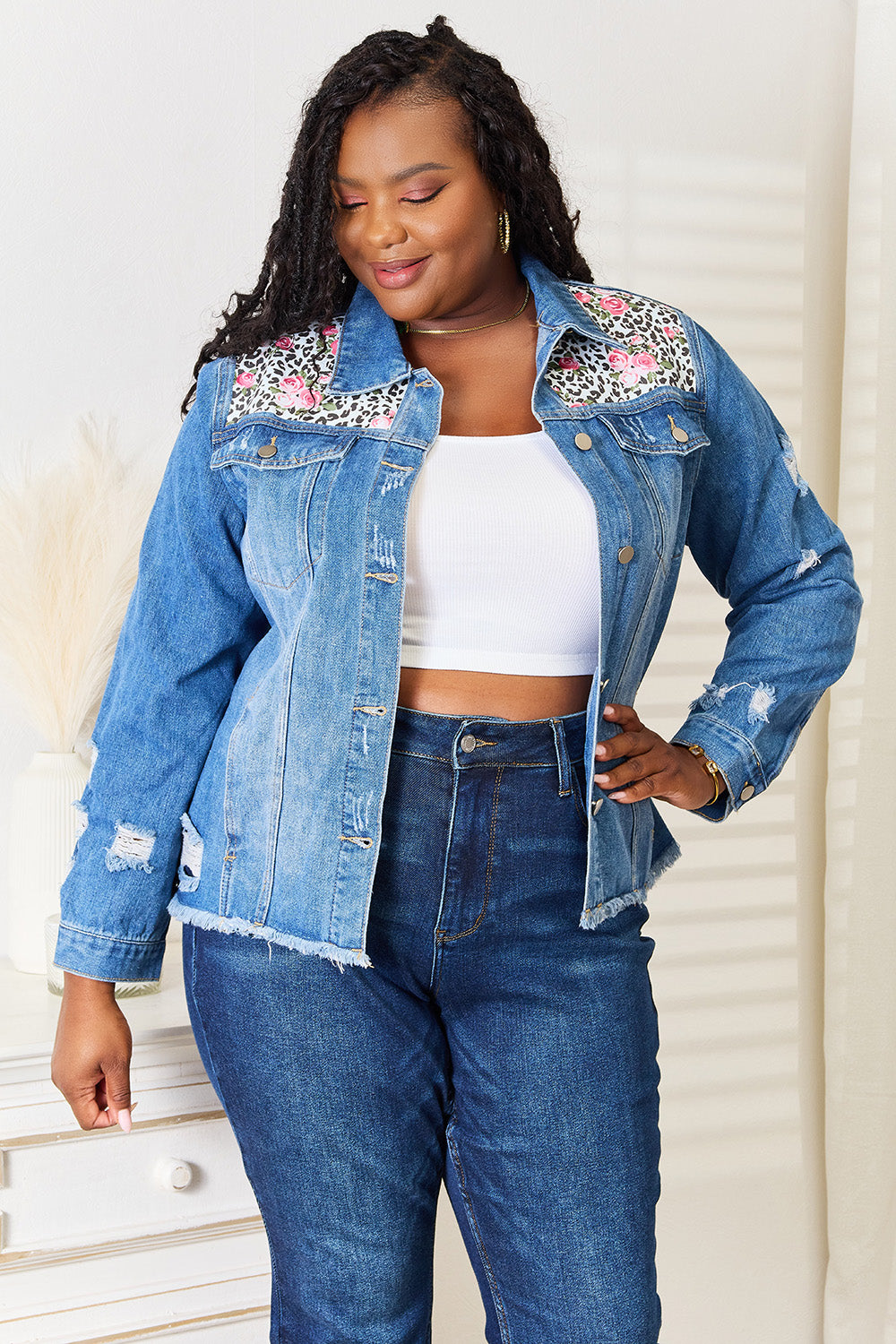 Baeful Leopard Floral Distressed Raw Hem Denim Jacket - UrbanEthereal