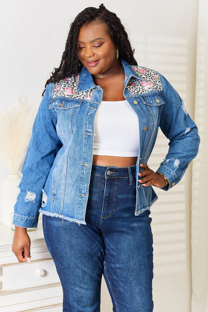 Baeful Leopard Floral Distressed Raw Hem Denim Jacket - UrbanEthereal