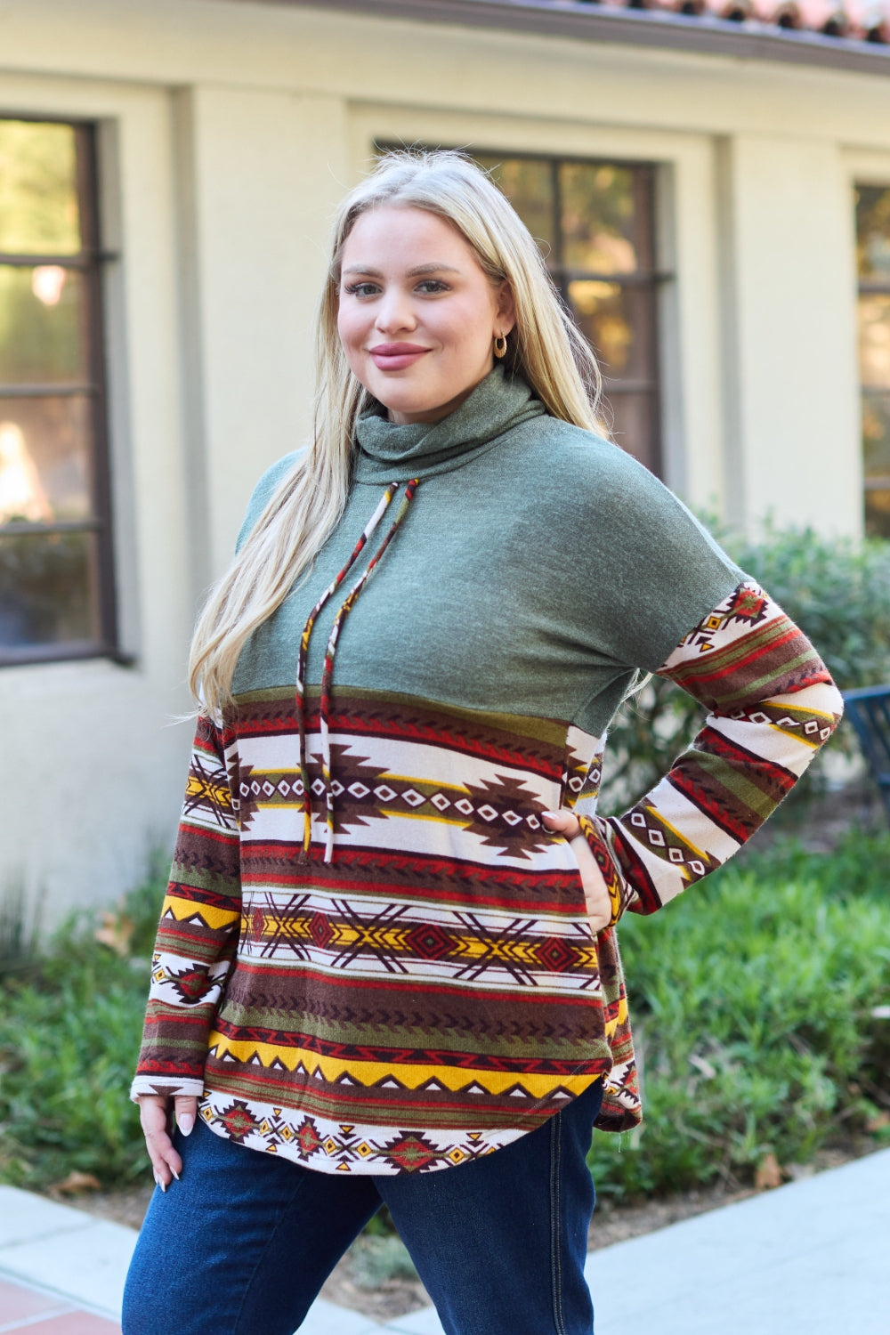 Celeste Design Full Size Geometric Turtleneck Drawstring Knit Top - UrbanEthereal
