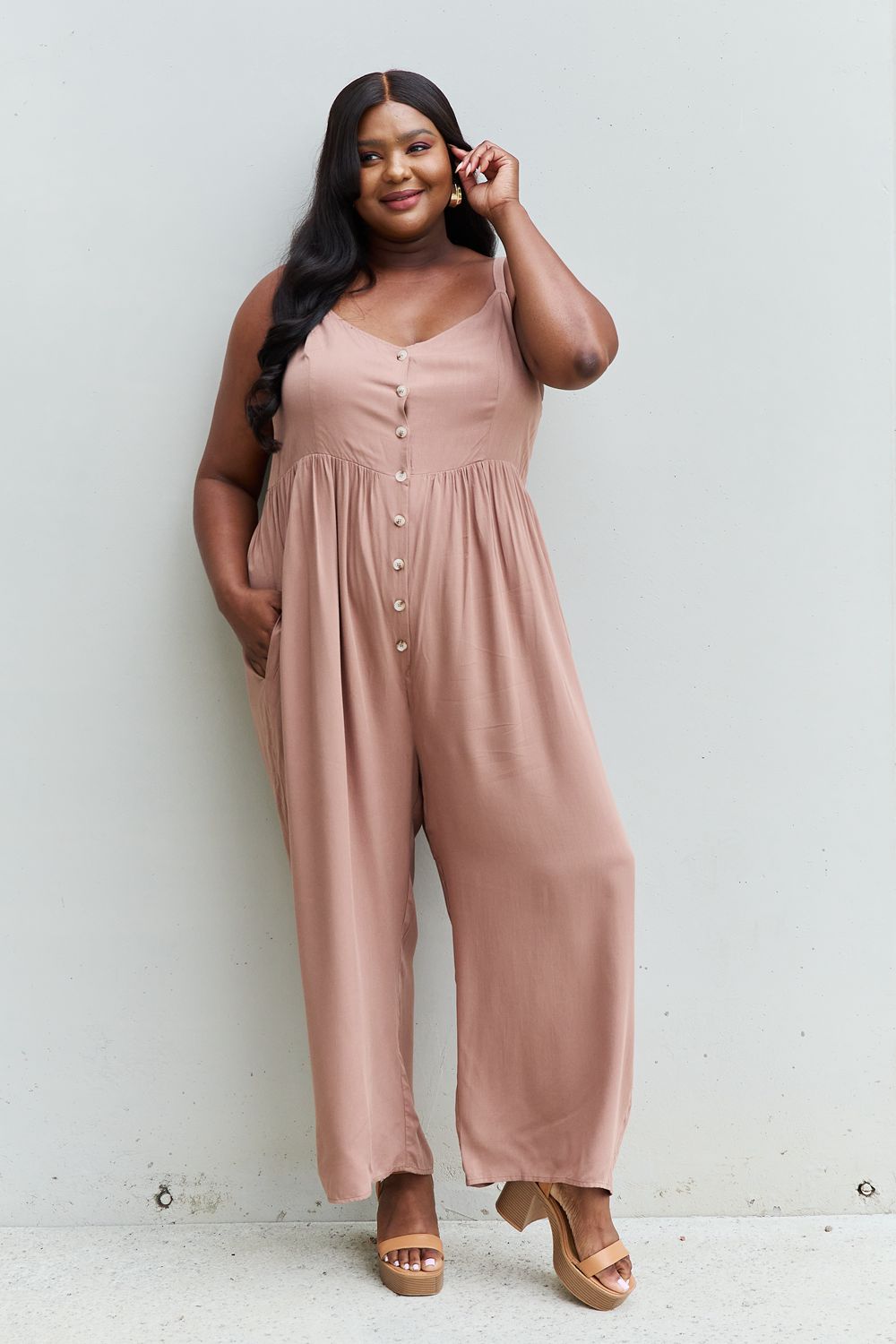 HEYSON All Day Full Size Wide Leg Button Down Jumpsuit in Mocha - UrbanEthereal