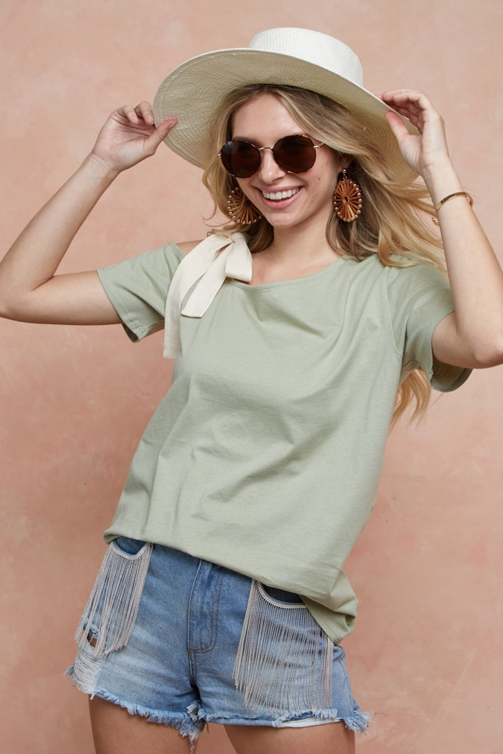 BiBi Tied Ribbon One Shoulder Short Sleeve T-Shirt