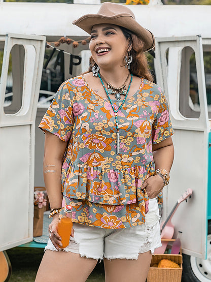 Plus Size Layered Printed Round Neck Short Sleeve Blouse - UrbanEthereal