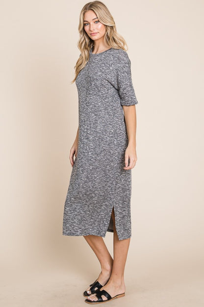 BOMBOM Slit Round Neck Half Sleeve Midi Dress - UrbanEthereal
