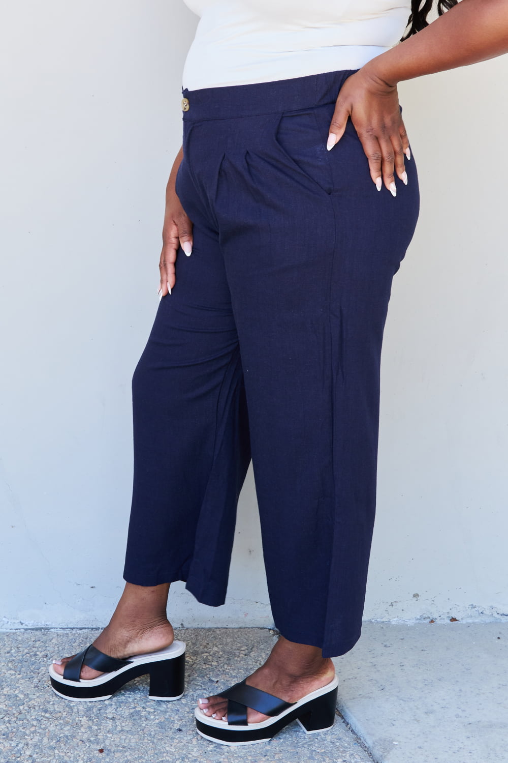 And The Why In The Mix Full Size Pleated Detail Linen Pants in Dark Navy - UrbanEthereal