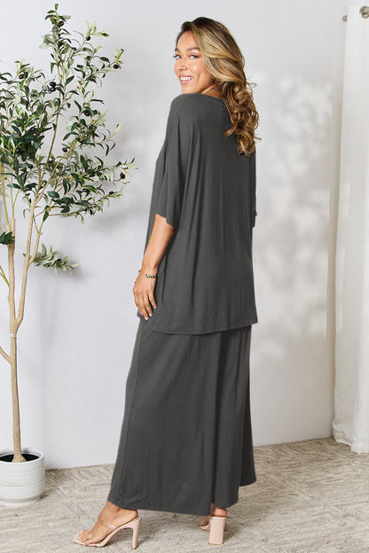 Double Take Full Size Round Neck Slit Top and Pants Set - UrbanEthereal
