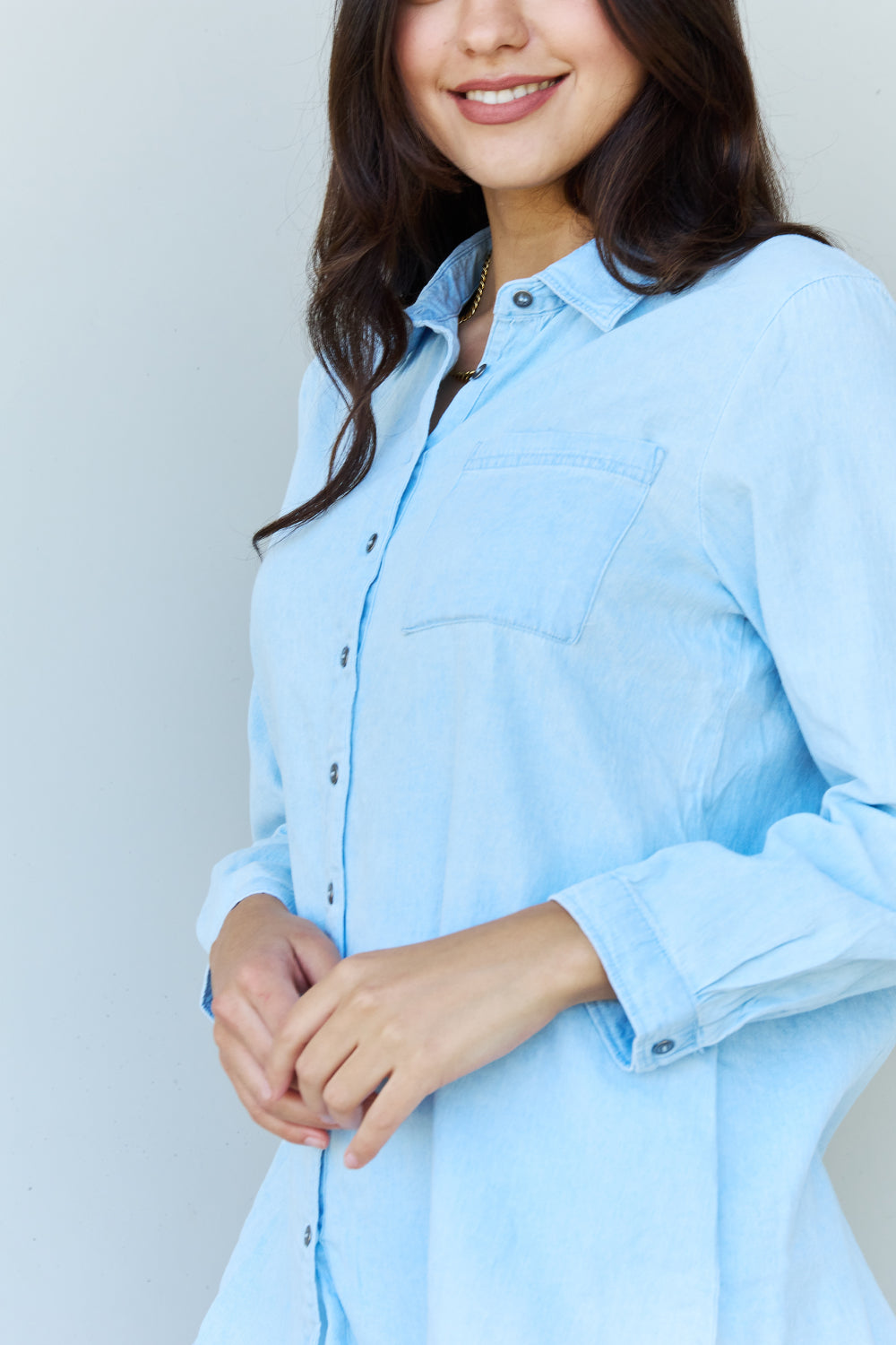 Doublju Blue Jean Baby Denim Button Down Shirt Top in Light Blue - UrbanEthereal