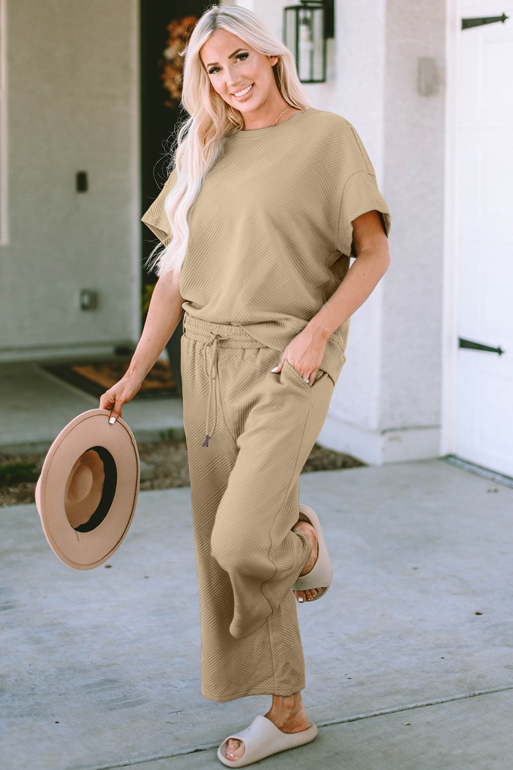 Double Take Full Size Texture Short Sleeve Top and Pants Set - UrbanEthereal